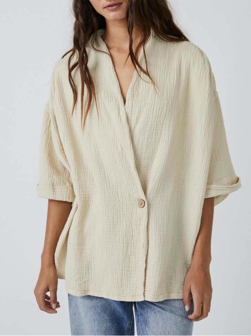 Free People Cream Textured Gauze Button Jacket